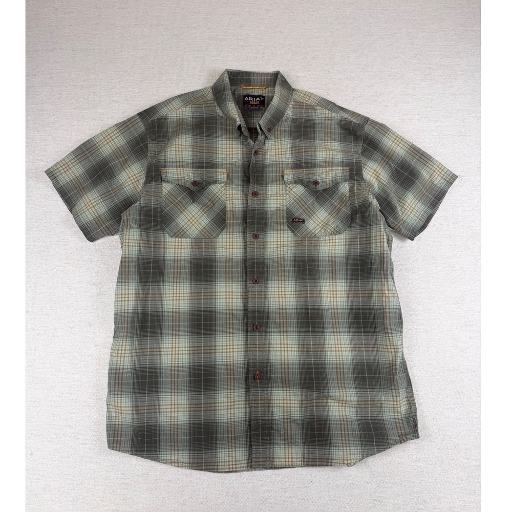 Ariat Rebar Mens XL Green Plaid Short Sleeve Work Shirt Button Down Stretch